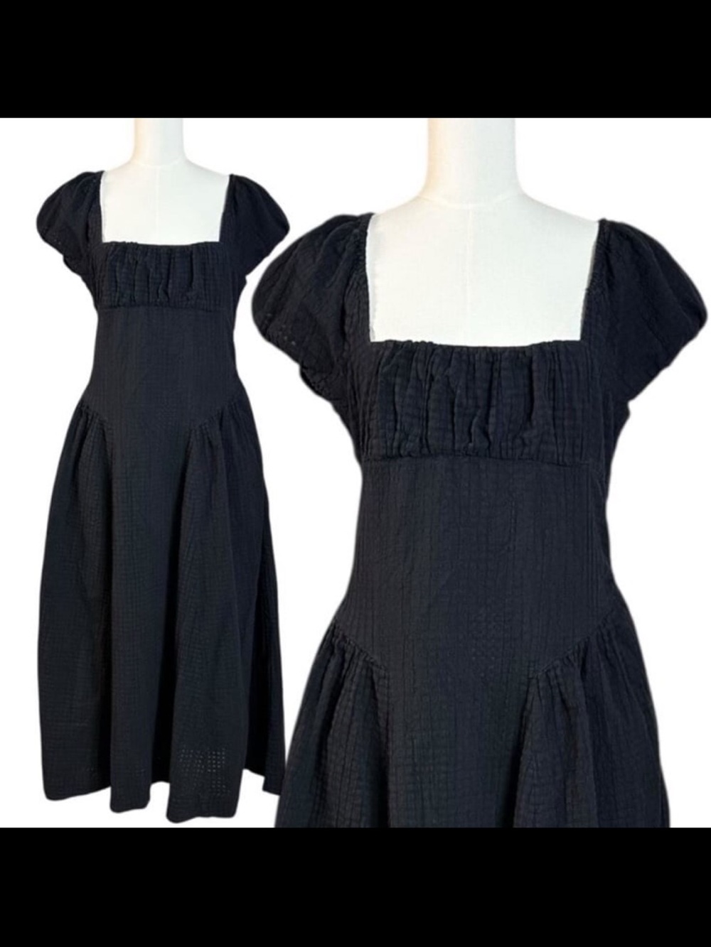 Free People Ciara Pucker Midi Dress Black Cotton Dress with pockets M - Picture 5 of 10